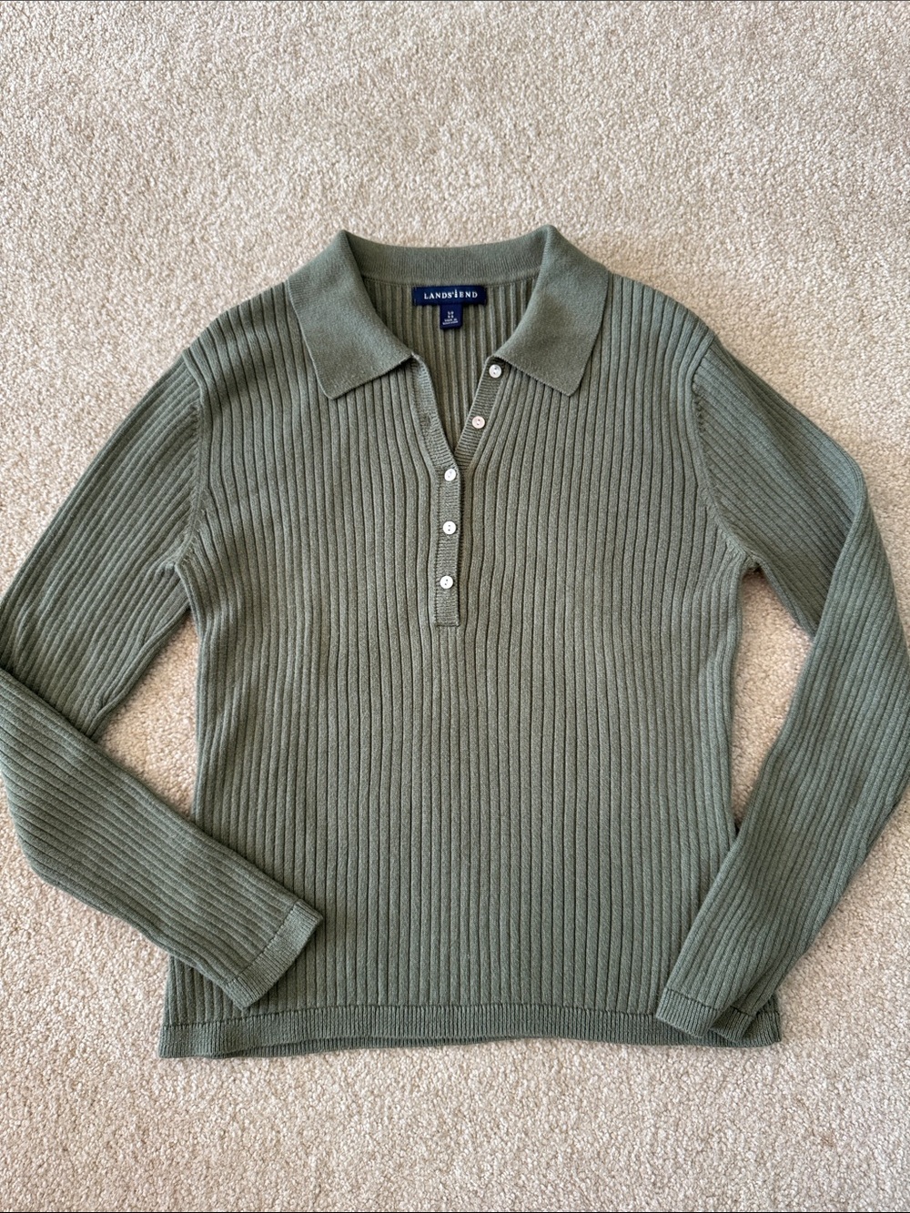 Lands' End Olive Ribbed Polo Long Sleeve Top
